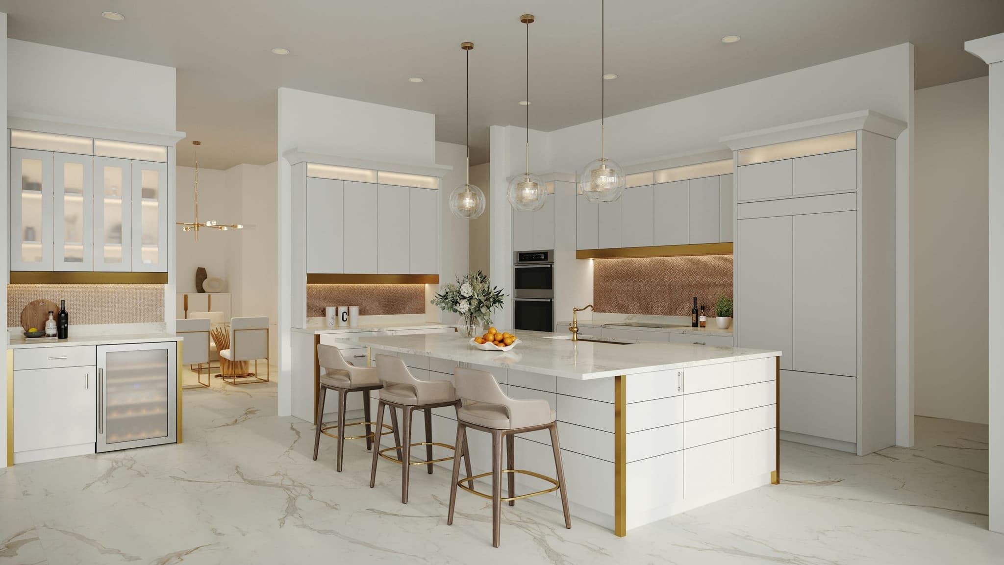 Renovated kitchen with white cabinetry and marble island